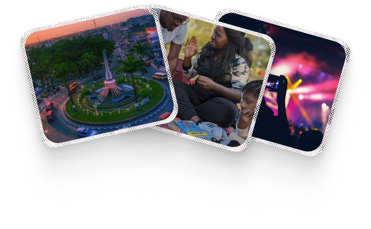 Three photos: Ibom Plaza roundabout at dusk, friends talking outdoors, and a crowd at a concert
